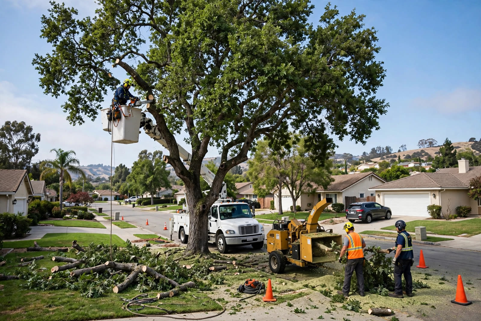 Tree South Bay crew trimming a large oak tree on a suburban South Bay street